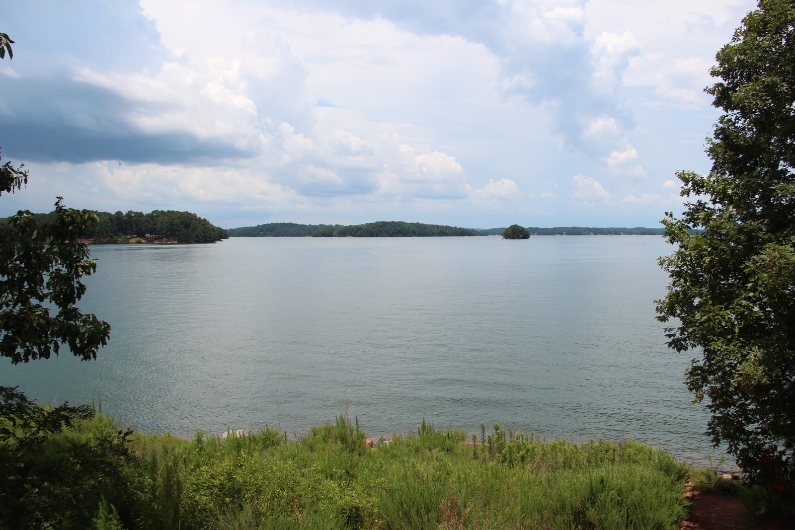 Open water on Lake Lanier in summer, with a small wooded island and the far shore under a cloudy sky